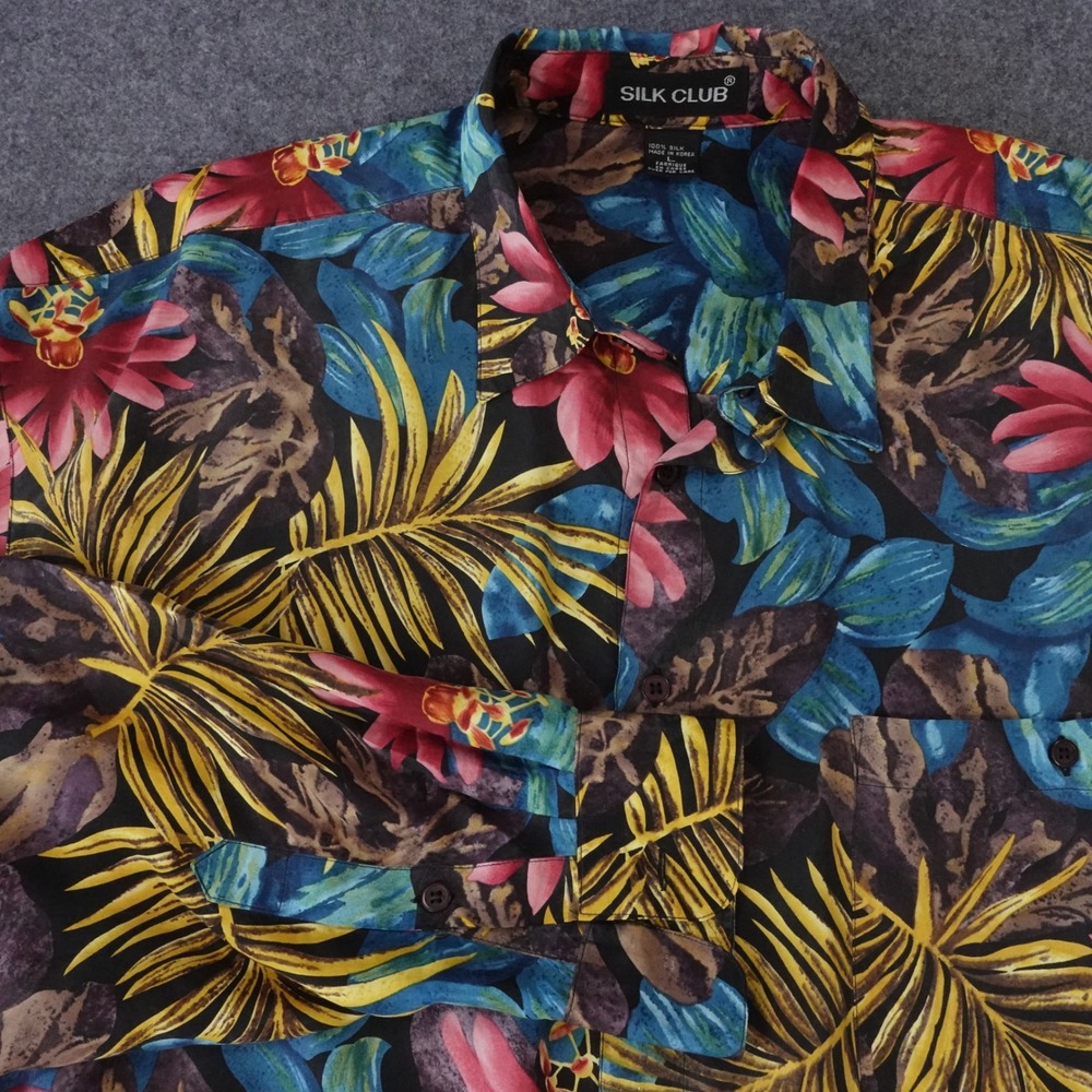 Vtg Silk Club Mens Large 100% Silk Tropical Floral Hibiscus Long Sleeve Shirt